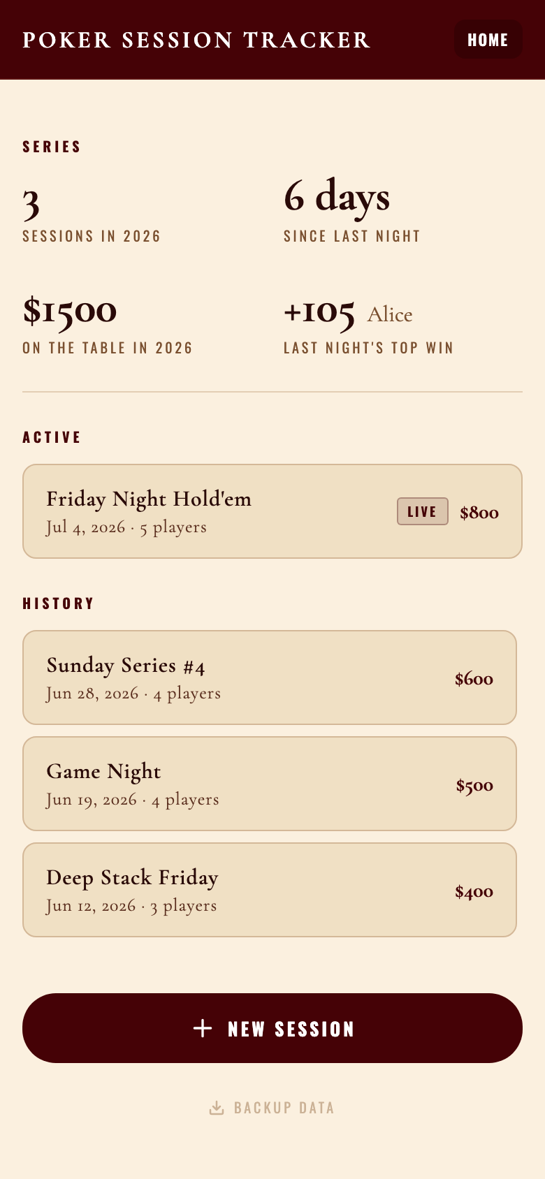 Admin home — series stats, the active game, and session history