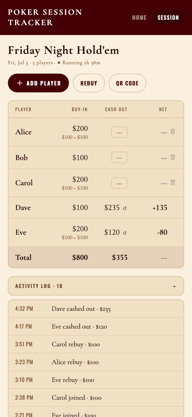 A running session in the admin panel — buy-ins, cash-outs, and the activity log